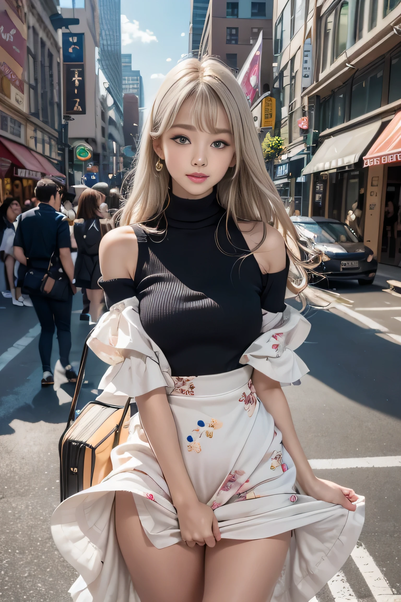 (( standing on the sidewalk of an office district in New York)), Silver hair, Bangs, Blunt bangs, Long straight hair, aqua eyes, longeyelashes, Solid Circle Eyes, makeup, Open mouth, blush, Parted lips, Bright pupils, smiley, Seductive smile, glint, surrealism, Modern、Black pantyhose、high-heels、((Pure white dress、Floral dress、、off shoulders、: 1.6))、Skyscrapers are hazy in the windows、mix4、((Skirt soars in the wind)),((Eyes closed))、((yawning being)),((T-back panties are visible))、((Full body angle))、、