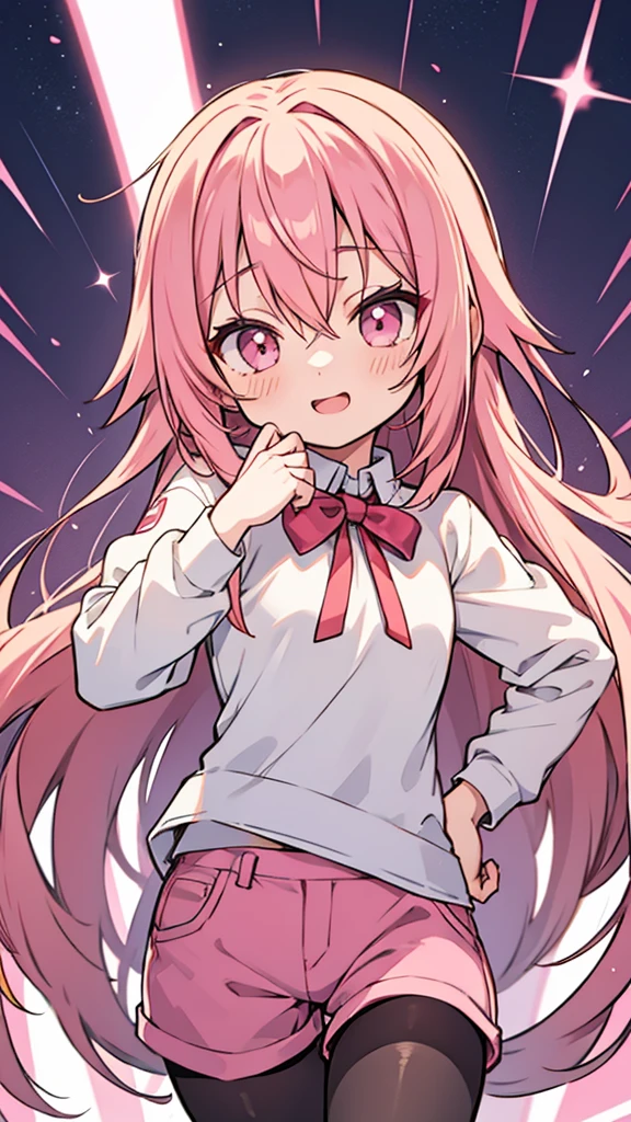Anime style,shota,pink long hair,hot pants,long pantyhose,beaming face,