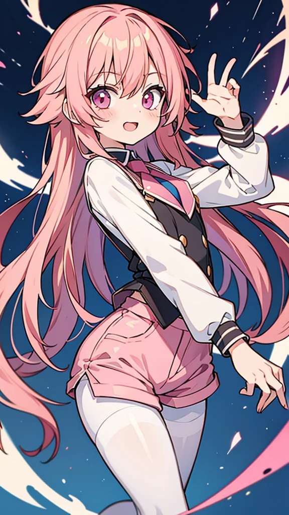 Anime style,shota,pink long hair,hot pants,long pantyhose,beaming face,