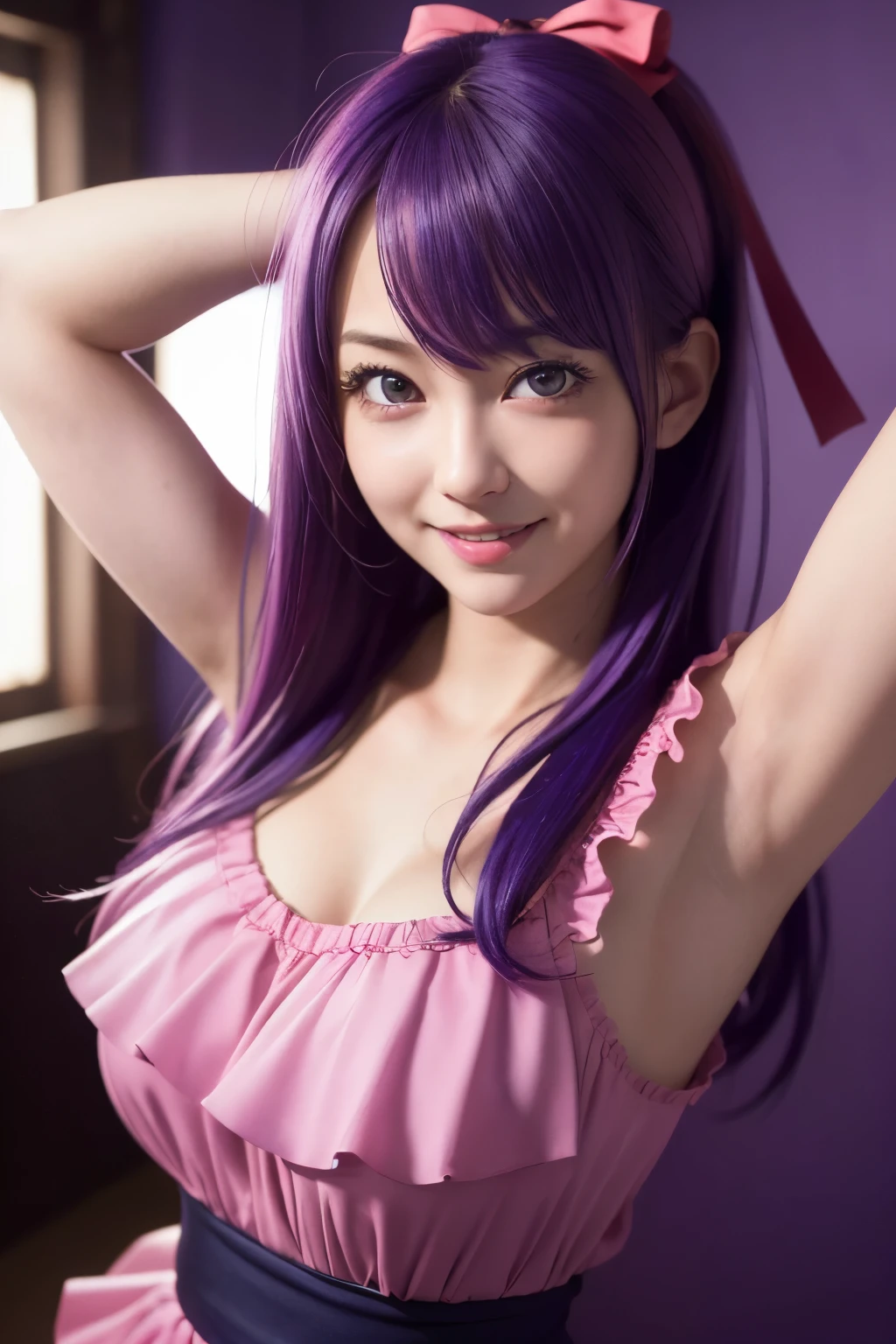 (best quality,highres,masterpiece:1.2),ultra-detailed,(realistic,photorealistic,photo-realistic:1.37),studio lighting,extreme detail description,vivid colors,concept art, small breasts, seductive smile, hoshino ai, purple hair, pink idol outfit, sleeveless, realistic, beautiful japanese female, arms up, armpits visible, ribbon, gloves
