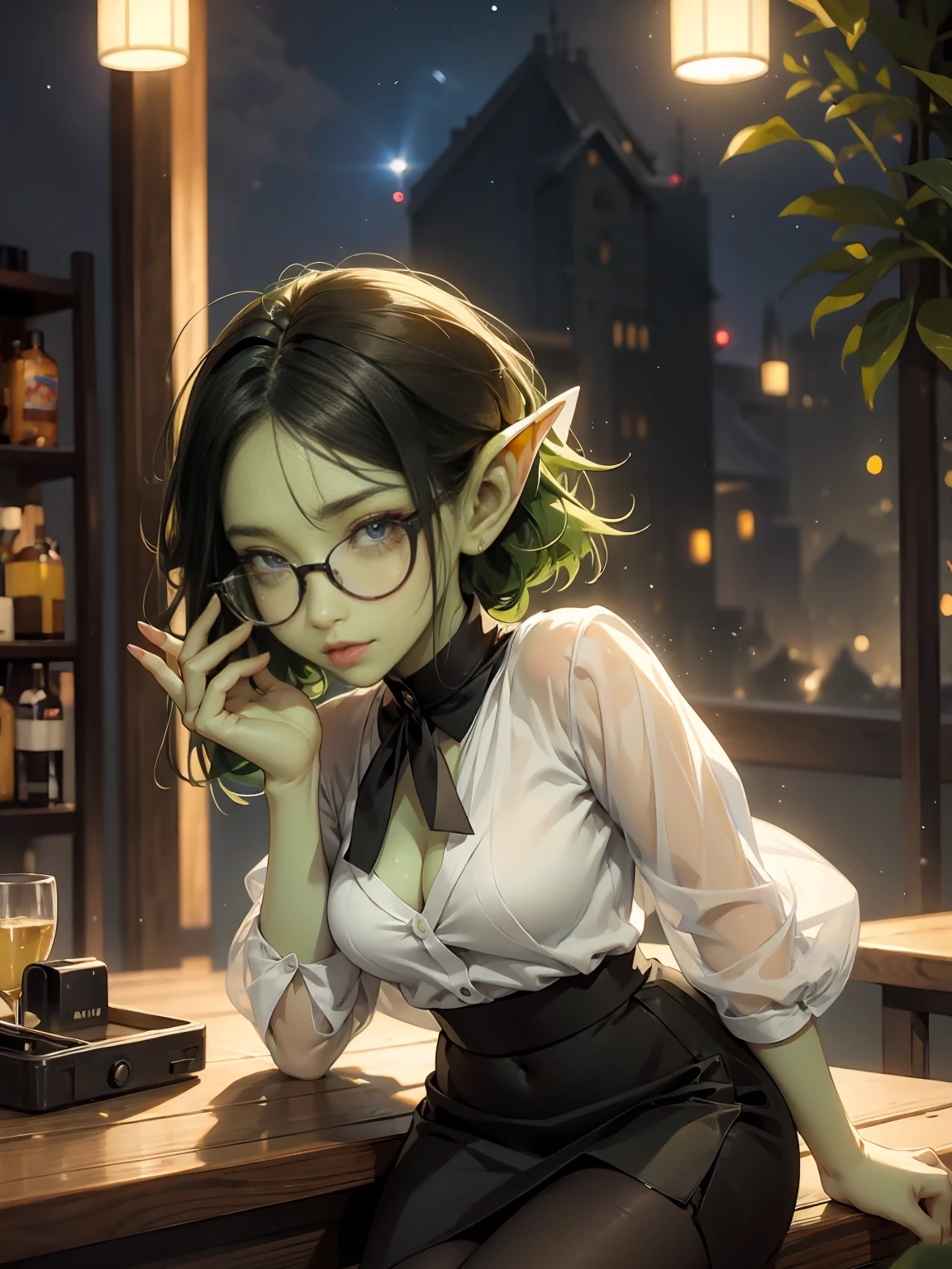 ((best qualityer)), ((work of art)), (very detailled), 4K, face perfect, very small goblin girl, greenskin, purples eyes, breasts small, black rimmed glasses, short dark green hair, sitting in a red velvet chair, single small candle on a table provides only light, black backdrop, romantic, dimly-lit, ethereal, comely, wearing expensive white dress and pearl earrings, night dating, slightly-smile, holding a glass of white wine, looking ahead at viewer