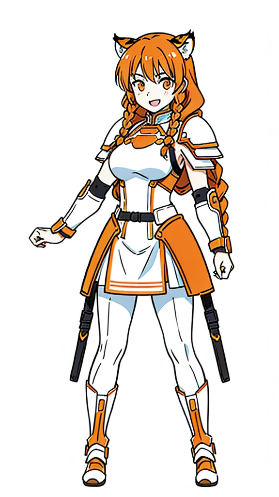 (1girl,20 years old,mature female,solo),tiger ears,long hair,(twin braids),orange hair,white armor,(white background,line drawing),open mouth,black pantyhose,smile