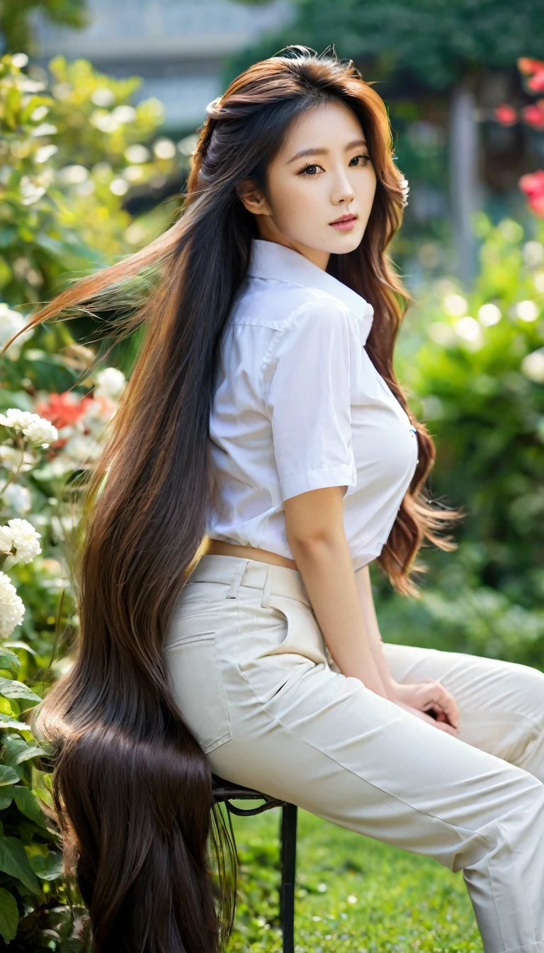 close-up of beautiful korean female, 34 inch breasts size, wearing short sleeve shirt, pants, sitting in the garden, bokeh background z UHD, super crazy hairstyles, beautiful long hairs, crazy long hairs, super long hairs, long hair, crazy long hairs, super long hairs , Long wavy hairstyle