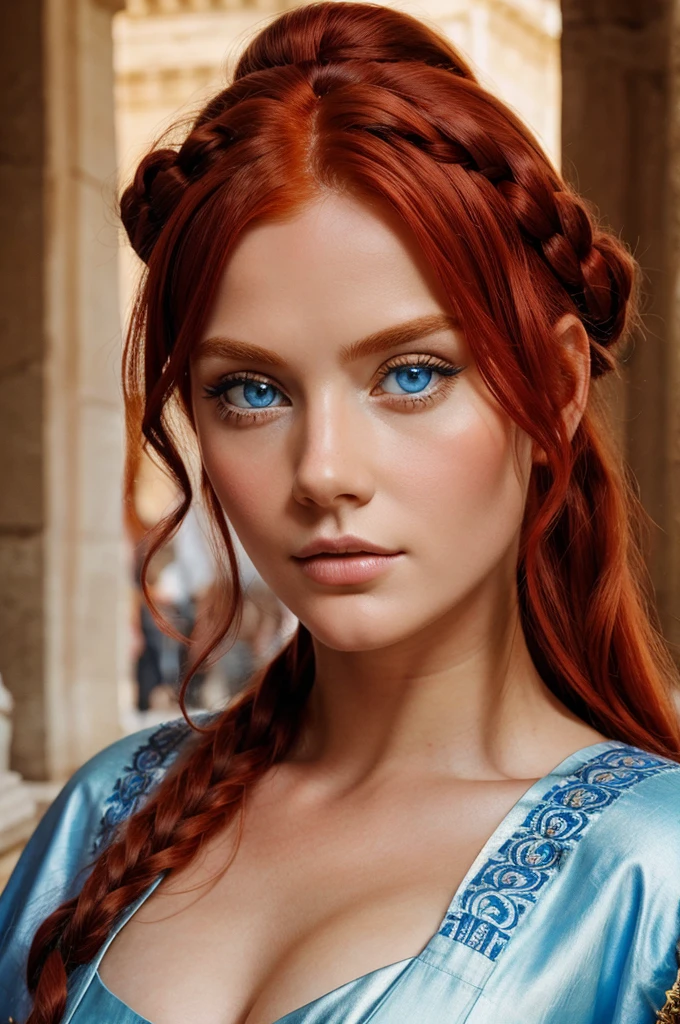 A young red haired, blue eyed Roman queen, dressed in a red Roman toga, her blue eyes focused at you.