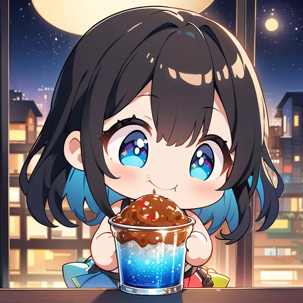 masterpiece、Highest quality、Depth of subject、2D illustration、1 beautiful girl、独奏, (((chibi style)))、((night)), ((window)), ((starry sky)), Long, beautiful hair、Shiny black hair、cute、Beautifully detailed eyes、((Tank top))、a glass of blue soda, ((colorful))、mini skirt、((happy smile))、((Canned Chuhai)), ((close up shot))、((eating curry)), ((in the room))、((There's a lot of pink around))、Thighs、((vivid color))、sparkle、((Lens flare))、