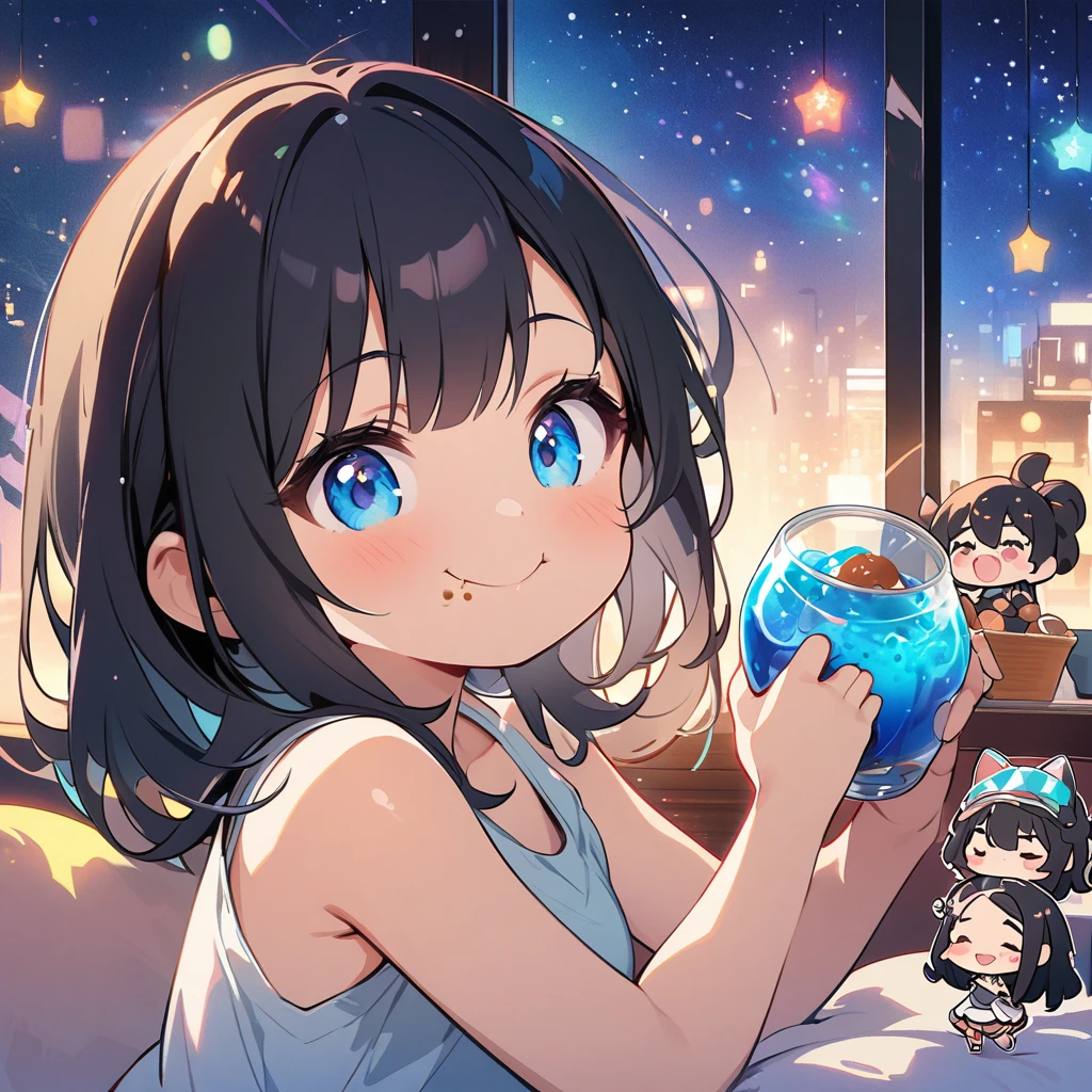 masterpiece、Highest quality、Depth of subject、2D illustration、1 beautiful girl、独奏, (((chibi style)))、((night)), ((window)), ((starry sky)), Long, beautiful hair、Shiny black hair、cute、Beautifully detailed eyes、((Tank top))、a glass of blue soda, ((colorful))、mini skirt、((happy smile))、((Canned Chuhai)), ((close up shot))、((eating curry)), ((in the room))、((There's a lot of pink around))、Thighs、((vivid color))、sparkle、((Lens flare))、