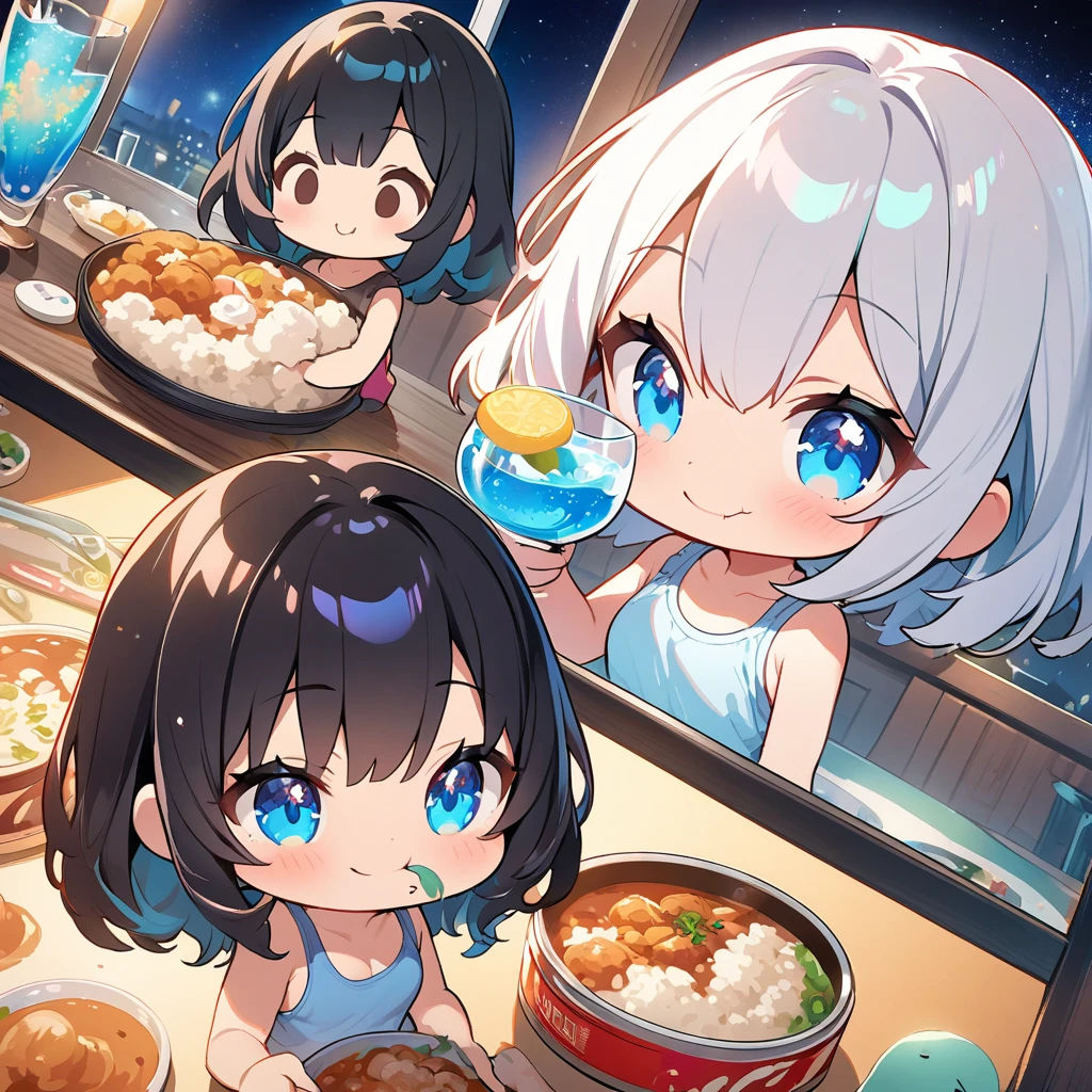 masterpiece、Highest quality、Depth of subject、2D illustration、1 beautiful girl、独奏, (((chibi style)))、((night)), ((window)), ((starry sky)), Long, beautiful hair、Shiny black hair、cute、Beautifully detailed eyes、((Tank top))、a glass of blue soda, ((colorful))、mini skirt、((happy smile))、((Canned Chuhai)), ((close up shot))、((eating curry)), ((in the room))、((There's a lot of pink around))、Thighs、((vivid color))、sparkle、((Lens flare))、