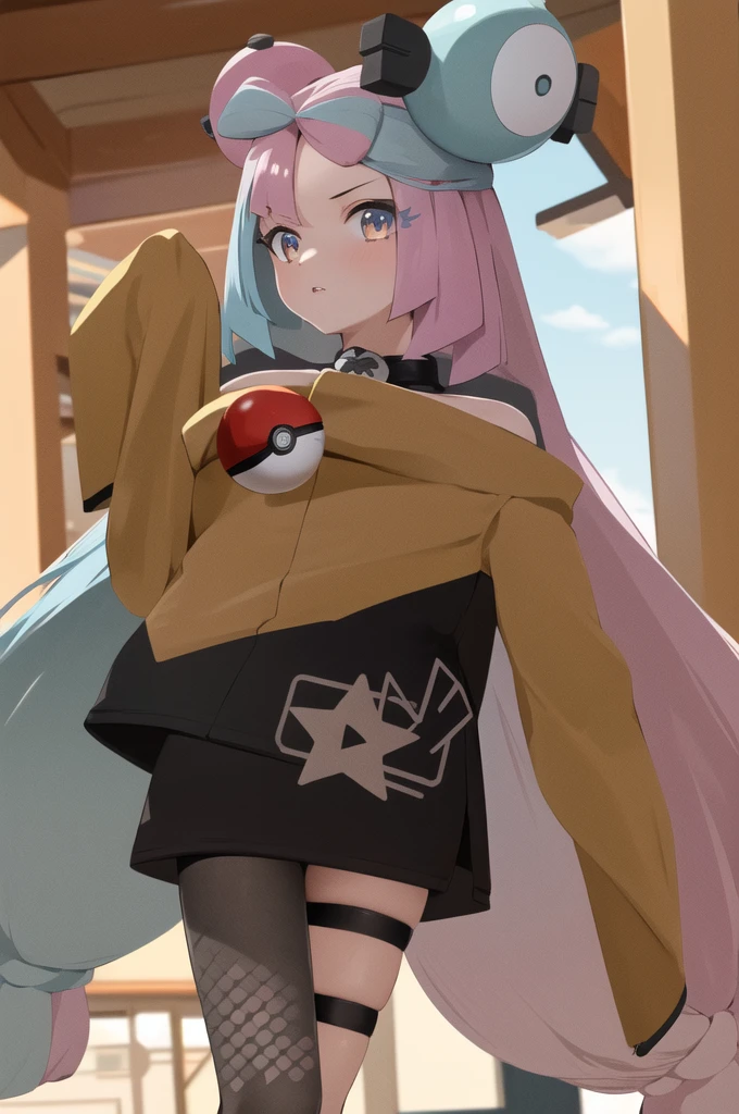 masterpiece, best quality, highres, iono1, 1girl, long hair, hair ornament, long sleeves, cowboy shot, (holding poke_ball), poke ball \(basic\),
