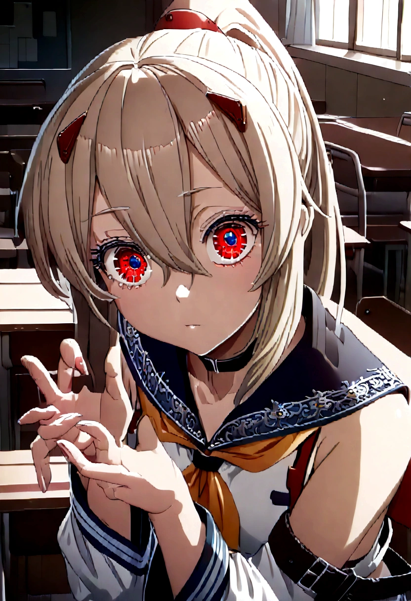 ayanami, ayanami, blonde hair, hair between eyes, hair ornament, hairclip, headgear, long hair, ponytail, sidelocks, (red eyes:1.5),
BREAK arm belt, belt, black choker, blue sailor collar, blue skirt, choker, crop top, detached sleeves, long sleeves, midriff, navel, pleated skirt, sailor collar, , serafuku, skirt, thighhighs, white thighhighs, wide sleeves, zettai ryouiki
BREAK looking at viewer,
BREAK indoors, classroom,
BREAK (masterpiece:1.2), best quality, high resolution, unity 8k wallpaper, (illustration:0.8), (beautiful detailed eyes:1.6), extremely detailed face, perfect lighting, extremely detailed CG, (perfect hands, perfect anatomy),