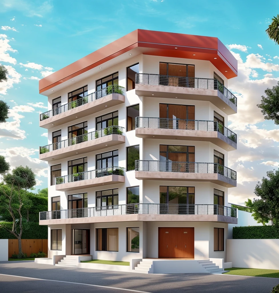 1 MODERN style house, Townhouse made from white walls, beautiful light, fresh, sunny day, Many red bougainvillea flowers along the road: 1.3, youthful feeling: 1.2, 12 noon sunshine, Very beautiful shadows, TOWNHOUSE ON THE CORNER OF THE ROAD, WITH PLASTIC ROAD, TILE YARD