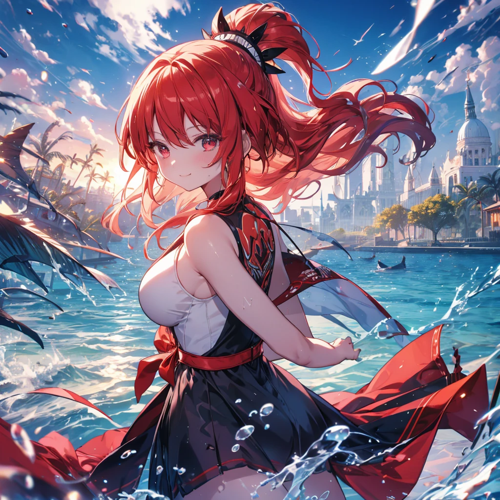 food, basket, flip flops, vinyl sheet, Beaches and sands, Calm expression, Perfect hands, elder, Red Hair, The dignity of a 50-year-old, 落ち着きのあるwoman, solo、(Highly detailed background:1.0)、(Highly detailed background:1.0)、masterpiece、Highest quality、(Babes)、Fractal Art、Red eyes、Narrow eyes、black and red dress, Reddish cheeks、Tropical Sea、From the shoulders up、Recall、smile、One Woman、Three-dimensional clouds、Venice beach, Red long ponytail, Red eyes,スタイリッシュなアクセサリーsolo, Big Breasts, woman, Take-out, Provocative laughter,40 year old woman,Queen of Sadism, Highly detailed background, Great writing style, Clasp your arms in front of your chest, Splash, Diffuse reflection of light, Perfect Human Medicine, Water breathing, Bare Skin, barefoot, Sweat,