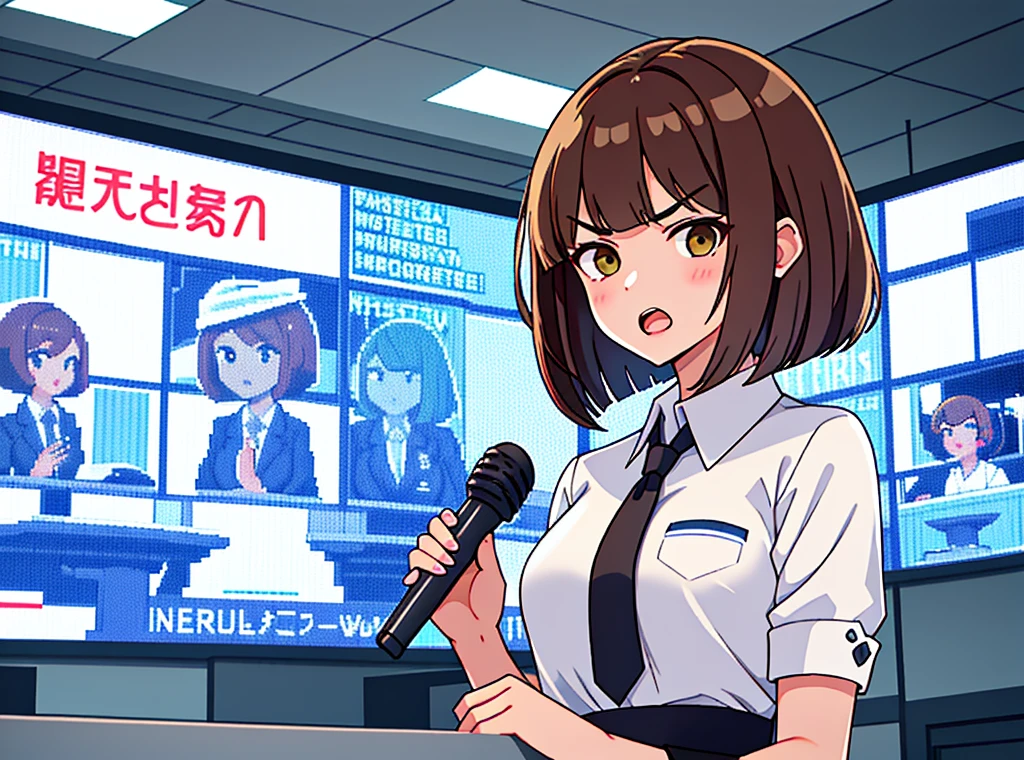 news station, serious face office lady, brown hair, bob cut, upper body. open mouth, small wipe of park, detailed news program, [pixel art]