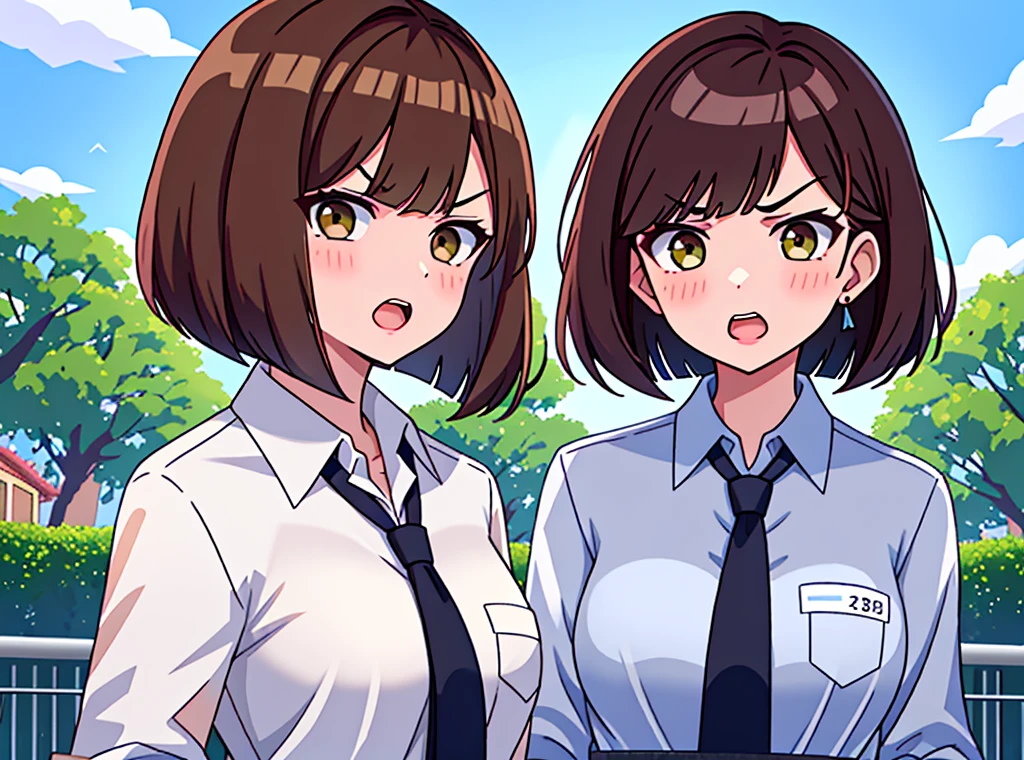 news station, serious face office lady, brown hair, bob cut, upper body. open mouth, small wipe of park, detailed news program, [pixel art]