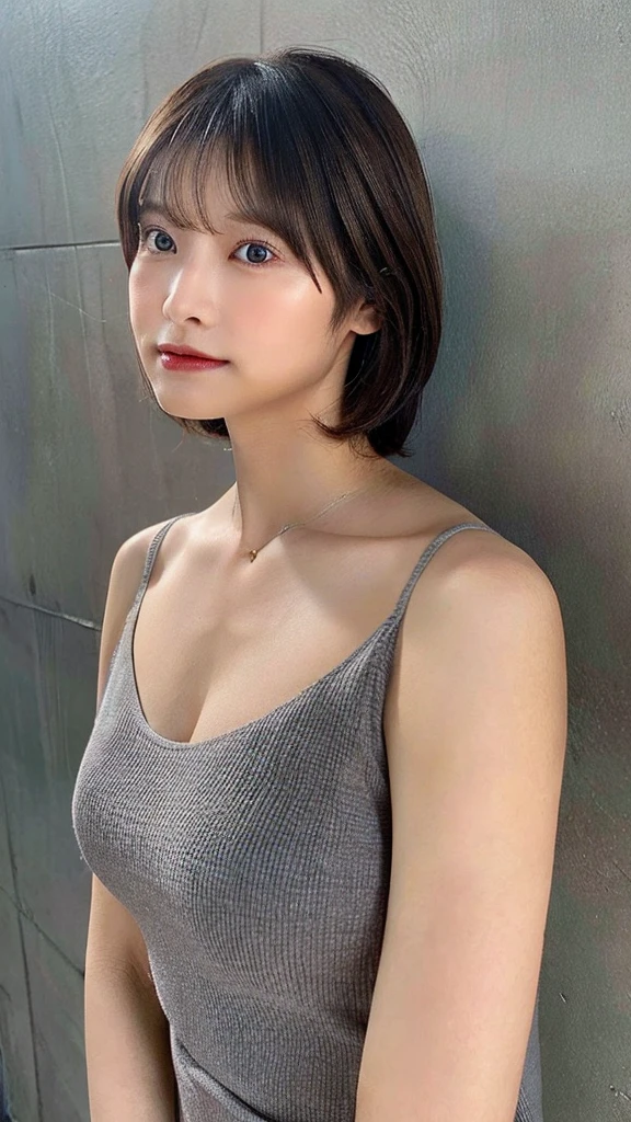 View your viewers, Cinema Lighting, perfection, Soft Light, High Resolution Skins:1.2, Realistic skin texture, Body tired from sports、30 year old mature woman、Small Face、No makeup、Light makeup、Short Hair、Dark brown hair、Bust B cup、Large Breasts: 1.2 Cleavage Poses、Off the shoulder、sporty、Long legged nude、Gray wall background