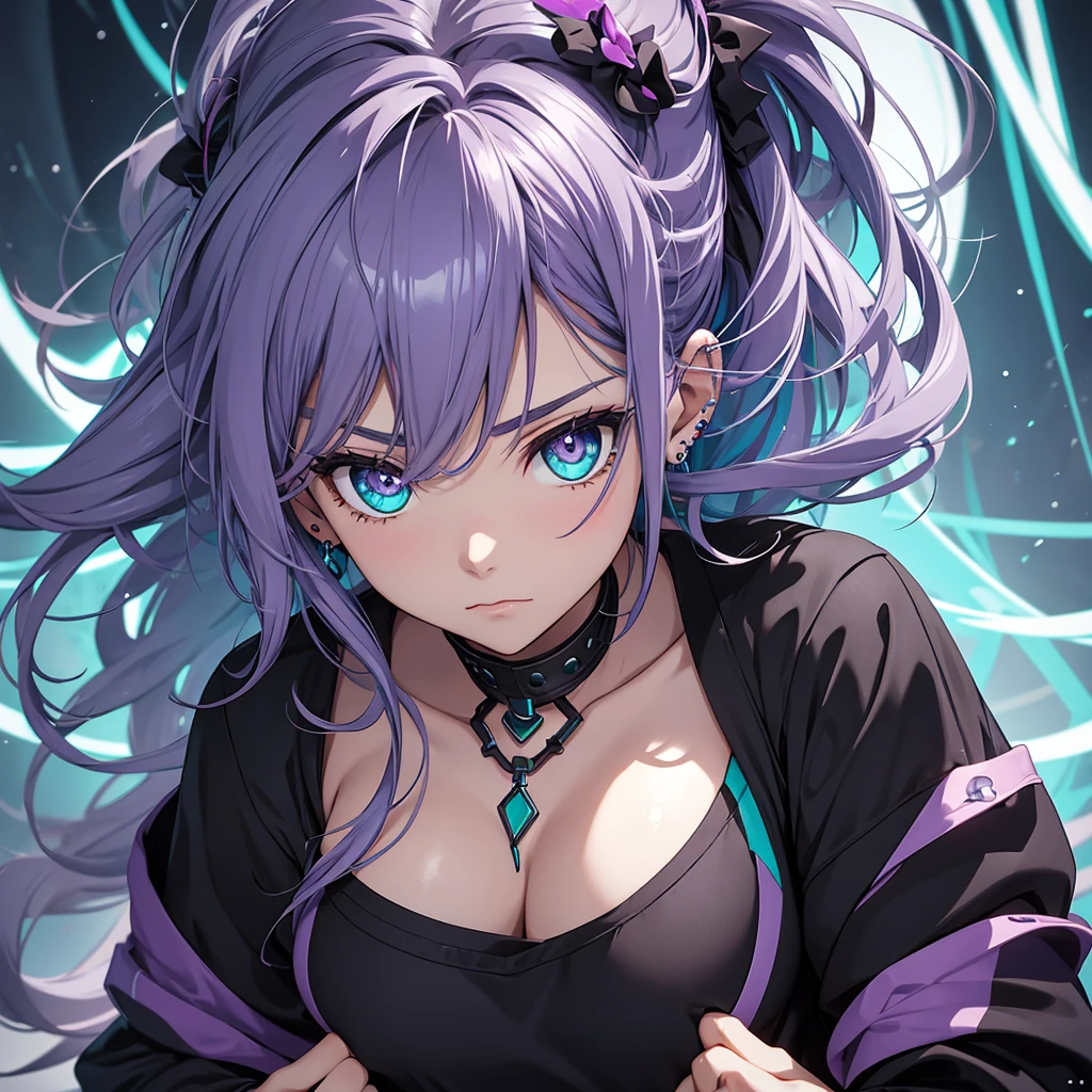 Anime panel, one woman intense turquoise eyes, upper body, gray wavy hair with purple highlights, serious, ear piercing, black casual outfit