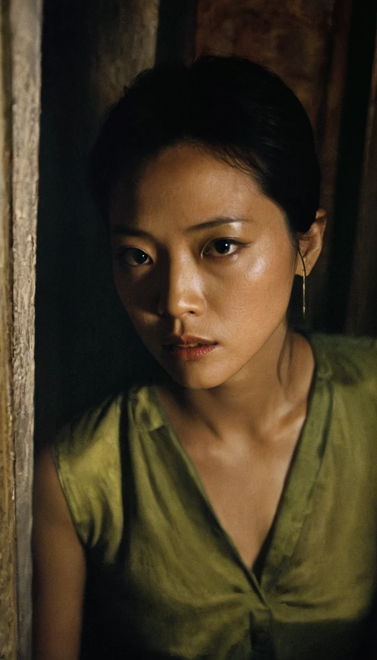 Extreme high angle shot from above, woman, looking at camera, drama movie, movie still, lighting through window, shadows on face, wong kar wai color palette