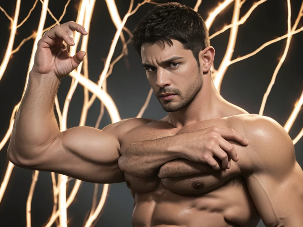 (Highest quality:1.5), (masterpiece:1.5), (8K:1.5), Nude, Both arms raised, Anguished expression, chris redfield