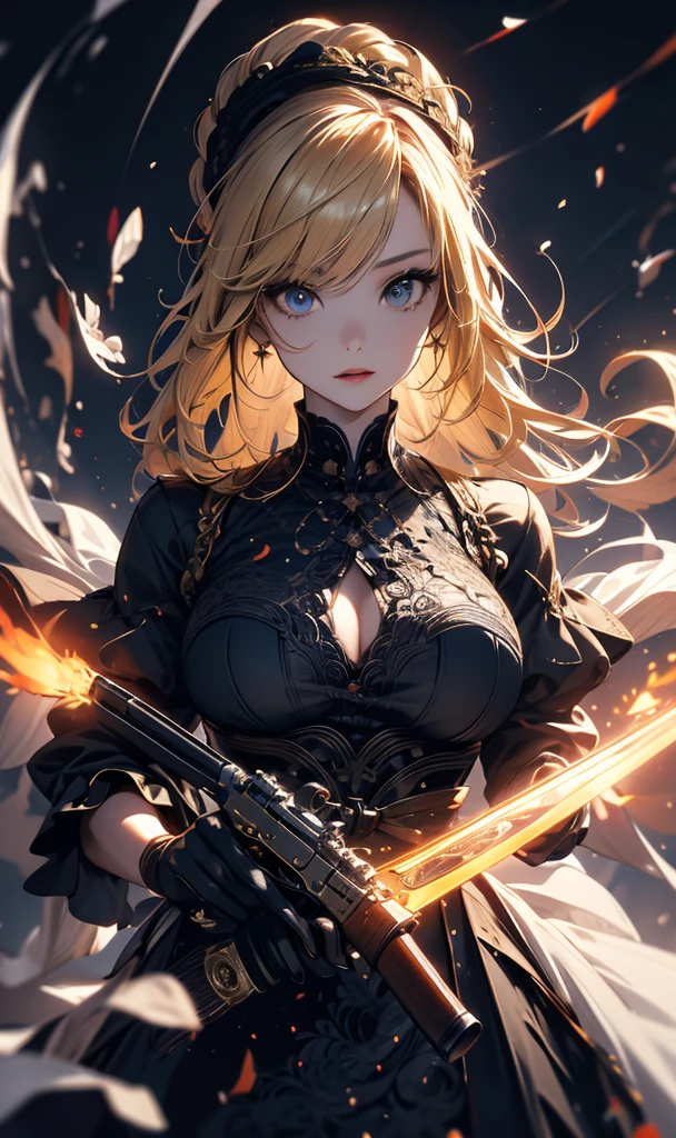 masterpiece, high quality, 4K, Beautiful design, silhouette，blonde， 非常に詳細な夜のStarry Sky,Flower Field， wonderful, Finer details,  Very knowledgeable woman, Highly detailed solo, 1 female,Big Breasts，Gothic Lolita Fashion，Hold the gun in front of your chest.，Night view，Starry Sky，full moon，