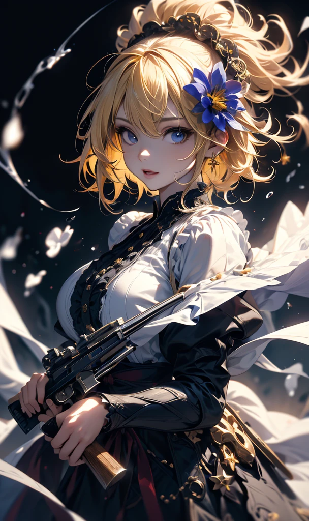 masterpiece, high quality, 4K, Beautiful design, silhouette,blonde, 非常に詳細な夜のStarry Sky,Flower Field, wonderful, Finer details, Very knowledgeable woman, Highly detailed solo, 1 female,Big Breasts,Gothic ta Fashion,Hold the gun in front of your chest.,Night view,Starry Sky,full moon,