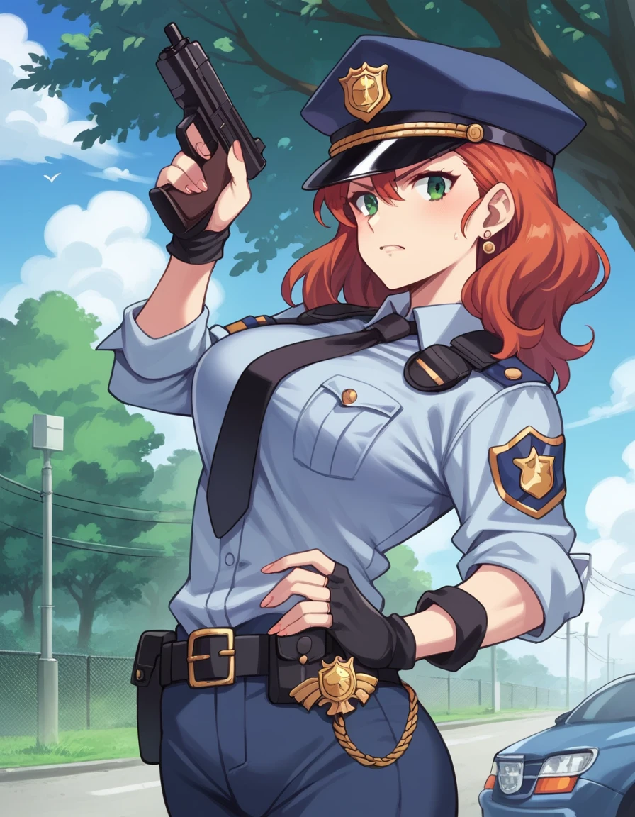 There is a woman in a police uniform holding a gun, official, police official, (Yoshida Yuuko), brave police, Attire: cop, redhead woman, Yoshida Yuuko vistiendo un uniforme de policía, high resolution commission, sheriff woman, Lois van Baarle y Rossdraws, bottomless