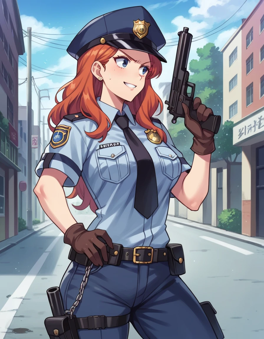 There is a woman in a police uniform holding a gun, official, police official, (Yoshida Yuuko), brave police, Attire: cop, redhead woman, Yoshida Yuuko vistiendo un uniforme de policía, high resolution commission, sheriff woman, Lois van Baarle y Rossdraws, bottomless