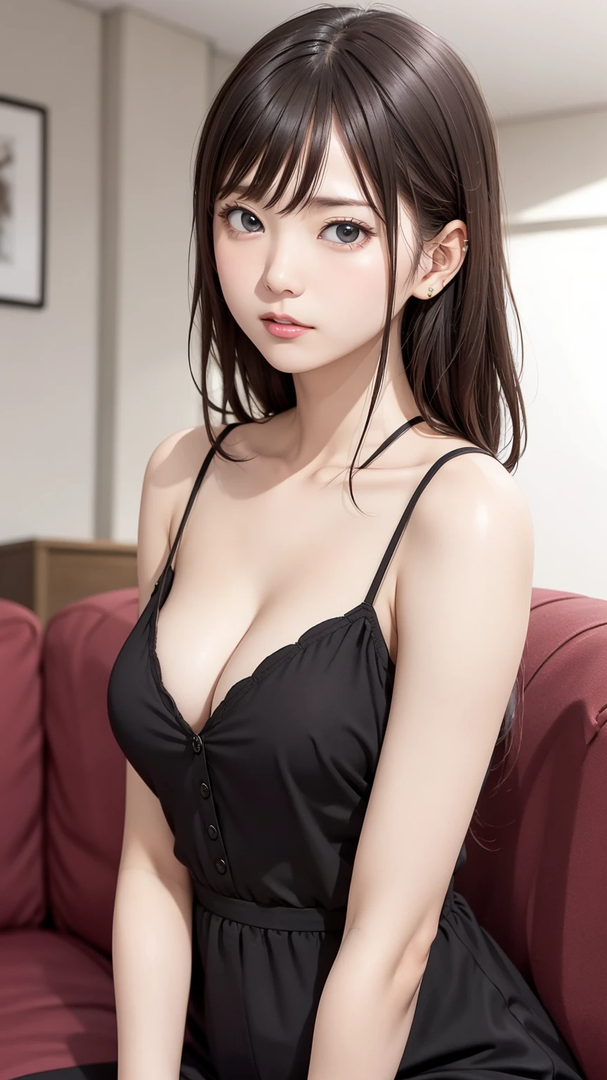 8K quality、High resolution、Beautiful fair skin texture、High resolutionの瞳、Japan hostess、Open shoulder night dress、Cleavage、、Brown Princess Hair、、Small breasts、Sweat accumulates in the chest、Night Shop、sofa