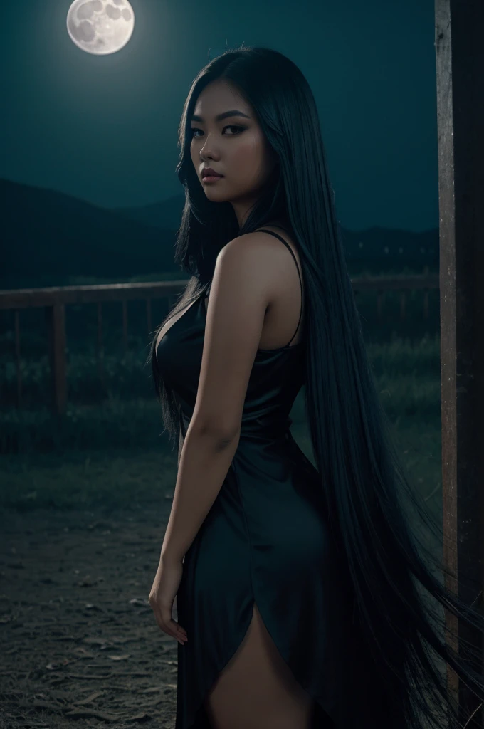 a realistic photo of a chubby filipina woman, with super long black straight hair with midnight blue highlights, wearing a gorgeous goth girl dress, gorgeous legs, long black nails, beauty shot, wolf eyes, vampire beauty, full moon background, dark sunlight, night time, moon shine, glowing skin, pale skin, cinematic effect, smokey, eerie, whole body shot