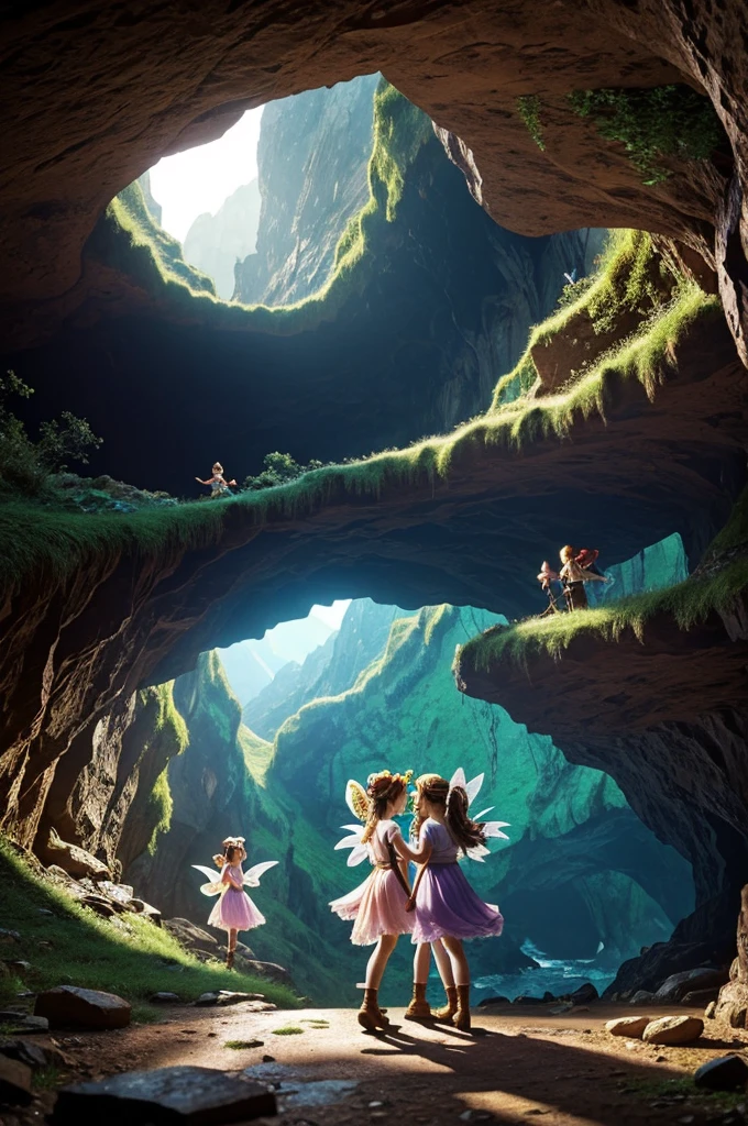 Two magical fairies find a cave in the middle of a mountain