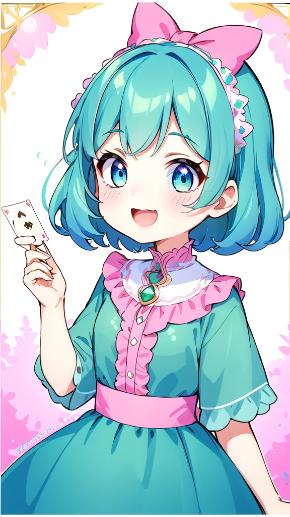 (8K, Highest quality, masterpiece:1.2),(Highest quality:1.0), (Ultra-high resolution:1.0),girl , Bobcut, chibi,Laughing、Fortune telling card reading、Blue-green dress、Pink and teal gradient hair、Pink and blue gradient eyes