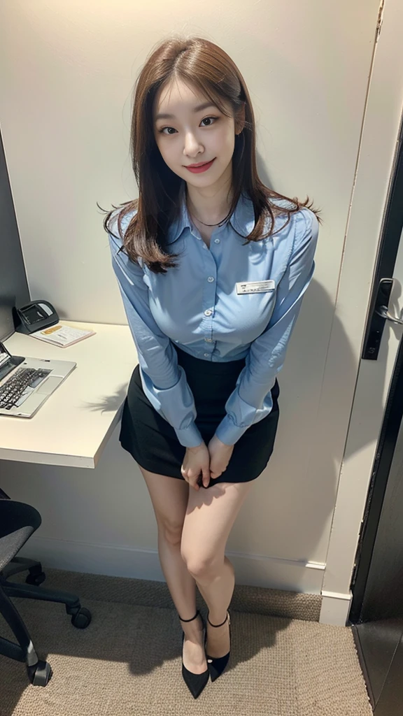 ((top-quality、​masterpiece、photographrealistic:1.4、in 8K))、Beautuful Women１a person、25years old、delicate and beautiful face、Eyes and faces with detailed 、(Modern workplace with computer:1.2)、(Shirt:1.2)、(standing:1.2)、A smile、Beautiful lighting、Textured skin、Super Detail、high detailing、High quality、hight resolution、（looking at the viewers）、Detailed mouth、Opening Mouth、full body Esbian、tight skirts、Women at work、Fishnet Stockings、Coffee、window、Women who can work、high-heels, short hair 