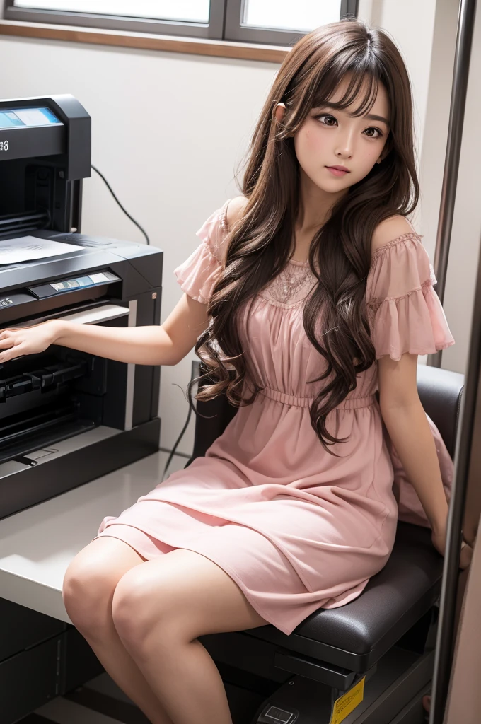 One with long curly dark brown hair, looked pulled light brown, pink dress ,sitting working on a printer 