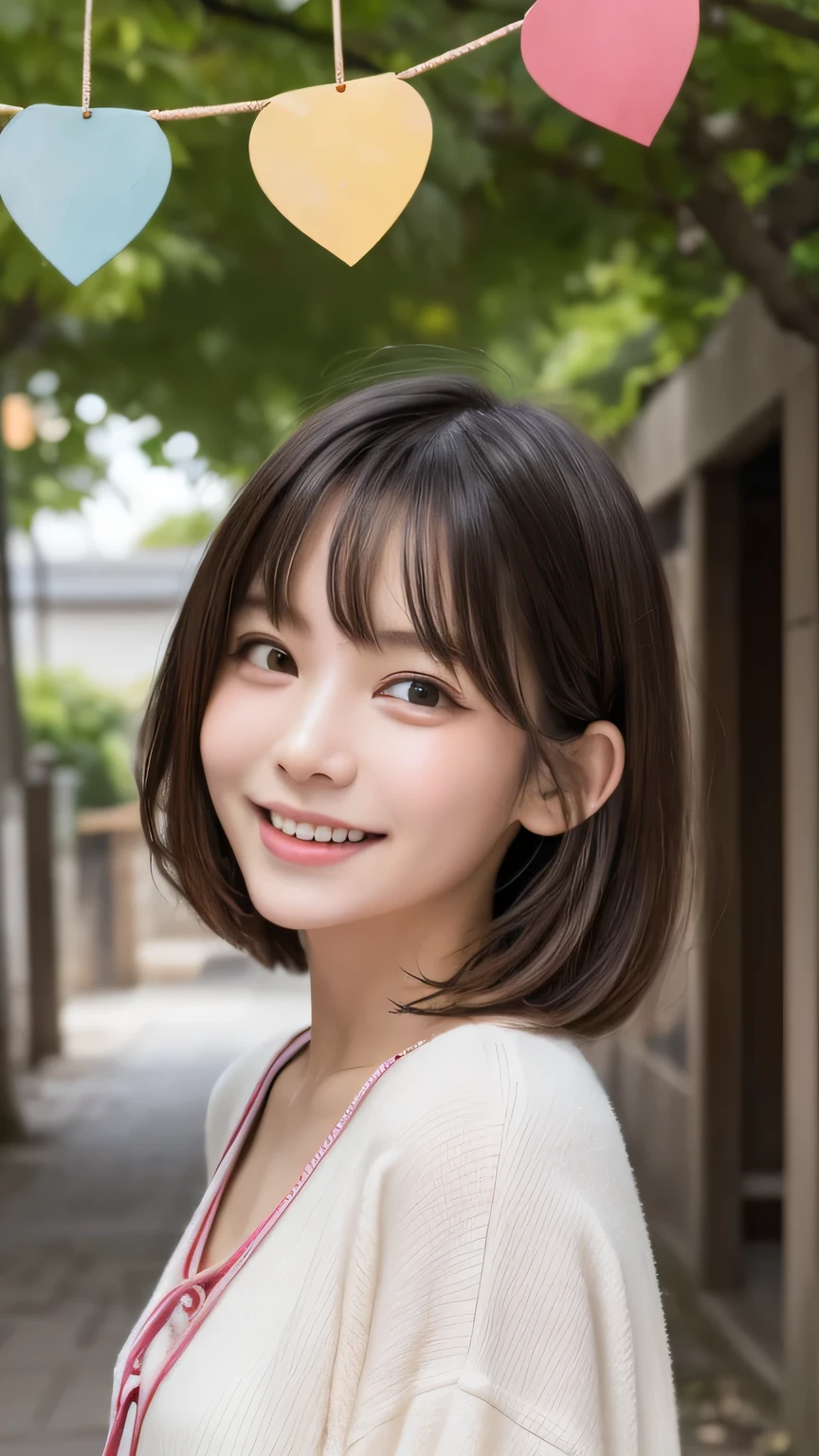 closeup shot , Best picture quality (8K, high resolution, Masterpiece: 1.2), super detailed,  215 Short Hair, 16-year-old woman, 

situation: A scene of walking through a tunnel of colorful umbrellas in the temple grounds。Countless umbrellas lined up like a tunnel。
clothing: Casual summer dresses and simple one-piece dresses、sandals。
angle: The entire tunnel was photographed at a wide angle.、Showing a person walking through a tunnel。A close-up of wind chimes swaying in the wind and making sounds.、Transmitting the sensation of walking through a tunnel of wind chimes through sight and sound。Capturing a smiling face through the wind chimes、Reflecting a quiet moment in summer。

Close-up of face 

, random cute pose ,big eyes ,Puffy eyes ,  Heart Pupil, blush  , huge shy smile , salute

