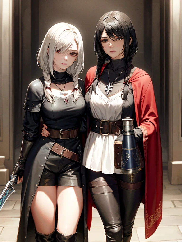 Little Red Riding Hood grew up to be a witcher，Holding a silver sword in his hand，Wearing tights，Cold personality，Wearing a sawed-off shotgun，Wearing long boots，A pair of arm armor，There is a cross pattern on the arm armor，A cross necklace around the neck，Carrying a long-handled shotgun on his back，slim，Sexy，Various potion bottles are worn on the belt，Wearing white clothes，Will use magic，Wearing shorts，Black Silk，shawl，leather armor，Leather pants，Braids，Mature women，short hair