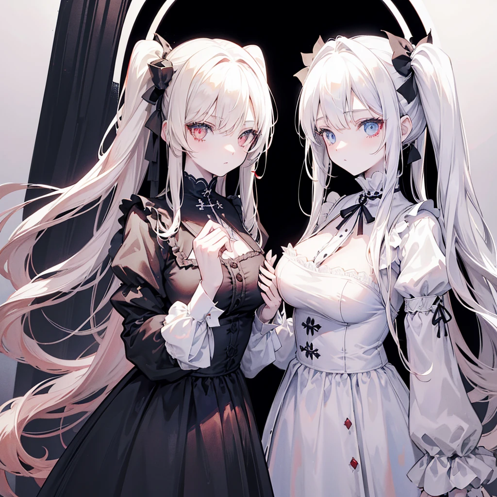 Two girls, red eyes and beige hair, blue eyes and white hair, twin tails, long hair, monochrome gothic fashion, white roses, white background,