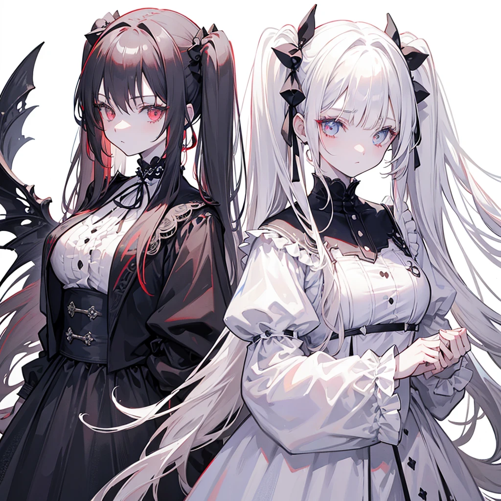 Two girls, red eyes and beige hair, blue eyes and white hair, twin tails, long hair, monochrome gothic fashion, white roses, white background,