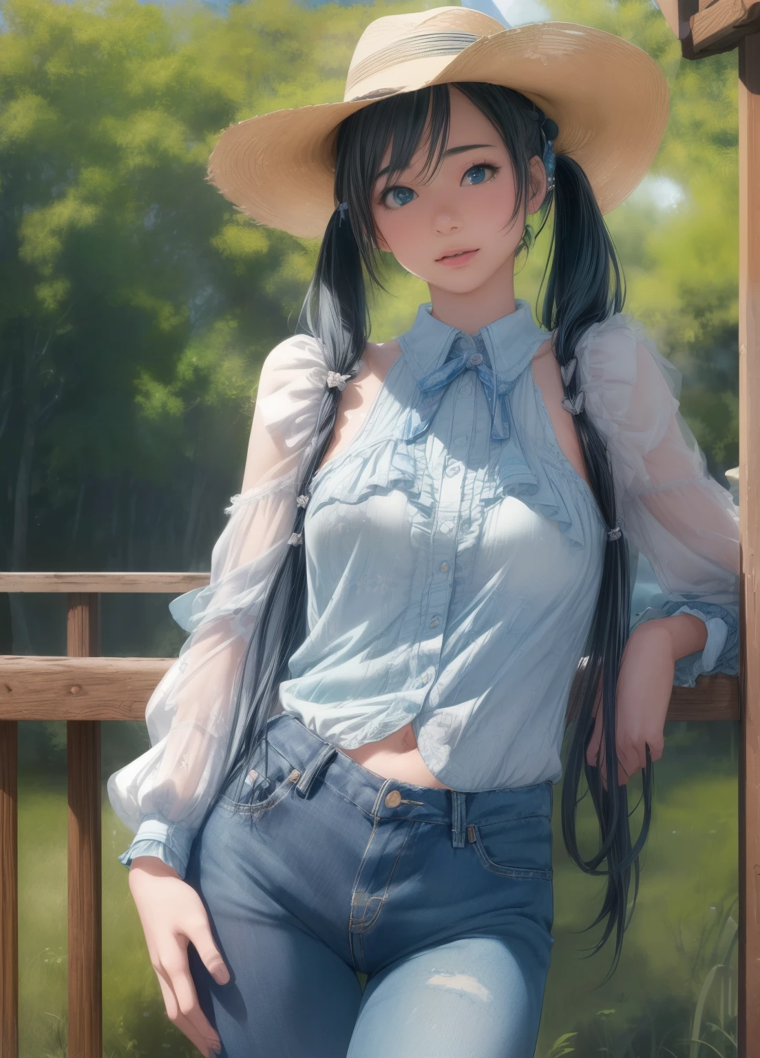 (masterpiece、Highest quality、Highest quality、Official Art、Beautiful and beautiful:1.2)、(One girl:1.3)Hatsune Miku、Twin tails,Beautiful breasts,(Highest quality, High resolution, 8K, Super detailed, Realistic:1.37), Cowgirl, Cowboy hat, Indigo Denim Shorts, Shiny tights