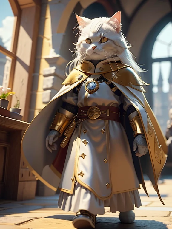 Standing cat in medieval knight costume. Grey and white long-haired breed with big yellow eyes. Blue and gold decorative uniform, red cape, gold buttons and decorations. Red belt with big gold buckle. Background features stone castles and buildings, with a bright view outside through a window. Realistic 3D rendering style, finely detailed textures. Warm atmosphere created by soft natural lighting.