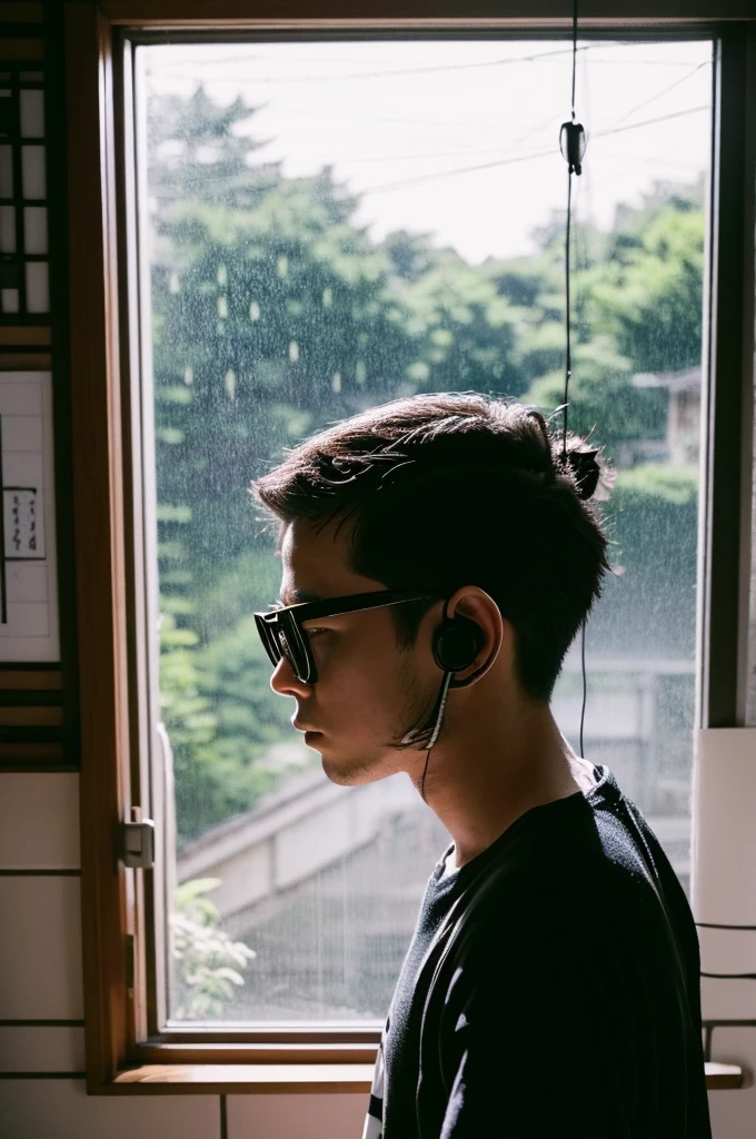 boy, wearing glasses, black jersey, Large Beard, straight hair with samurai bun. Another boy, wearing glasses, military cut hair with receding hairline, whisker, wearing a shirt with black and white stripes. a cozy room, Wear headphones, anime 2D style, Rain outside the window、analog color theme、ghibli style