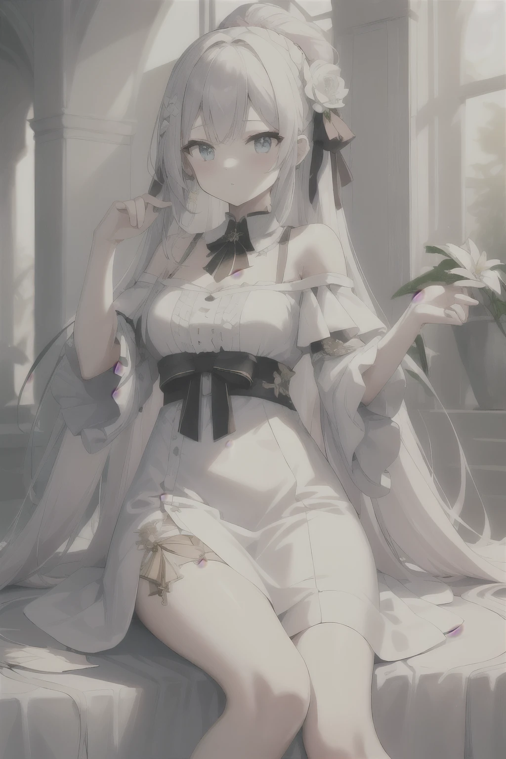 (masterpiece), Highest quality, Ultra-high resolution, A beautiful 20-year-old woman with light pink, straight long hair, parted 70/30. She has blue eyes and wears a white lily flower in her hair. She is dressed in a white off-shoulder dress that features black lace at the hem and a hot magenta ribbon at the chest, with the hem being 15 cm above the knee
