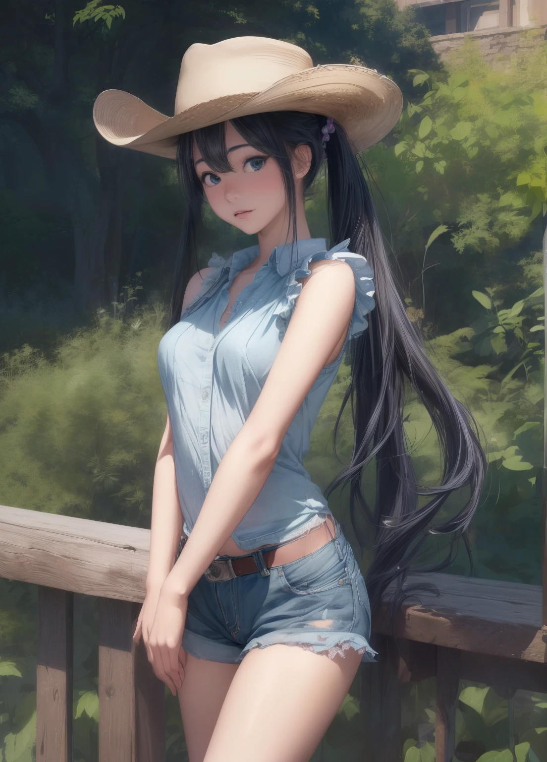 (masterpiece、Highest quality、Highest quality、Official Art、Beautiful and beautiful:1.2)、(One girl:1.3)Hatsune Miku、Twin tails,Beautiful breasts,(Highest quality, High resolution, 8K, Super detailed, Realistic:1.37), Cowgirl, Cowboy hat, Indigo Denim Shorts, Shiny tights