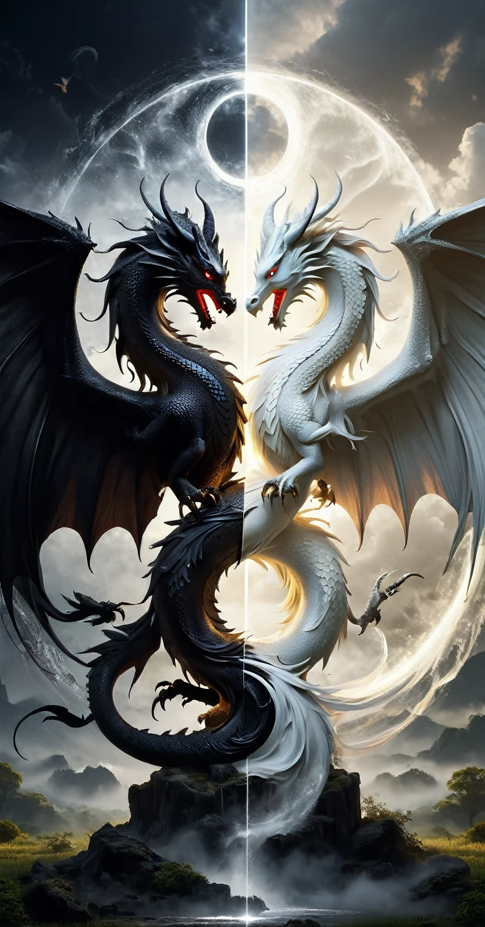 Bachelor of Wabstyle,Natural Order Style,The black dragon on the left,On the right is the black phoenix,Front view of the farm,It beckons the glowing Yin-Yang symbol before it,Special effect,Very detailed,Ultra-high resolution,32k UHD,best quality,The left half of the masterpiece radiates pure divine light, The right side is shrouded in the shadow of the devil.