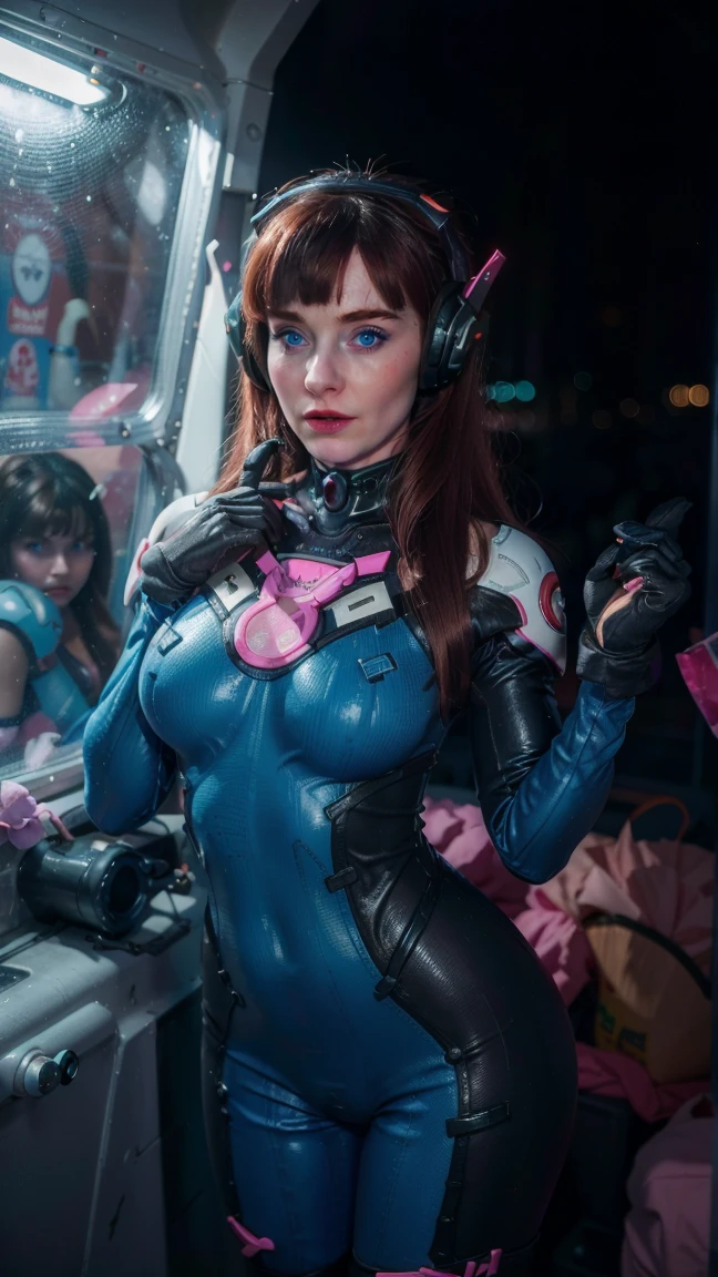 (masterpiece), (photorealistic1.4), (best quality), (European Model), (epiCRealLife), (Young Woman), (photorealistic), (red lipstick), (JenniferConnelly90s), (DVaOver full covered bodysuit),, (hair bangs), headphones,(face paint), (D.VA hairstyle), (D.VA overwatch costume), (bodysuit), (gloves), (facial mark), (spotlight), (ample light), (pose for pictures), (in a spacecraft), (night time), (at night), (flashlight)