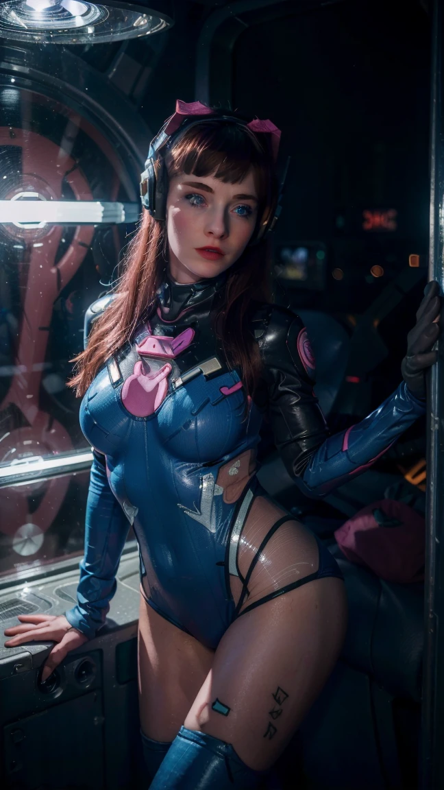 (masterpiece), (photorealistic1.4), (best quality), (European Model), (epiCRealLife), (Young Woman), (photorealistic), (red lipstick), (JenniferConnelly90s), (DVaOver full covered bodysuit),, (hair bangs), headphones,(face paint), (D.VA hairstyle), (D.VA overwatch costume), (bodysuit), (gloves), (facial mark), (spotlight), (ample light), (pose for pictures), (in a spacecraft), (night time), (at night), (flashlight)