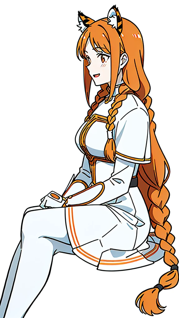 (1girl,20 years old,mature female,solo),tiger ears,long hair,(twin braids),orange hair,white armor,(white background,line drawing),open mouth,black pantyhose,smile,sitting,from side, looking away