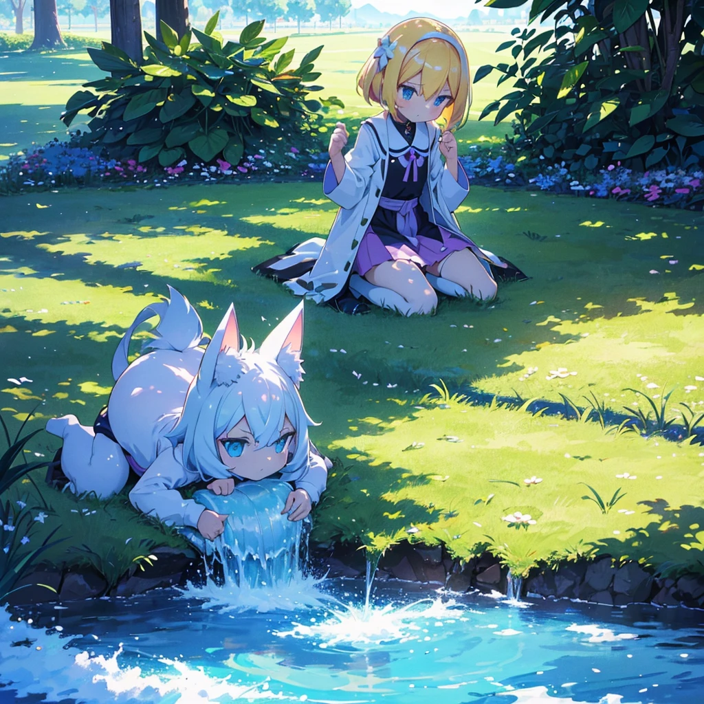 High-definition background, bright and beautiful atmosphere, 3 girls (2 years old, (1 short-tempered round face), (1 child)) (hair, surface effect), color effect), small breasts, blonde hair, very wide blue sky , a lawn that can be seen all the way to the horizon, girls wearing beautiful clothes, and girls playing together on the lawn, deltamon_sdXL:0.73) >Deltamon Negative Prompt
