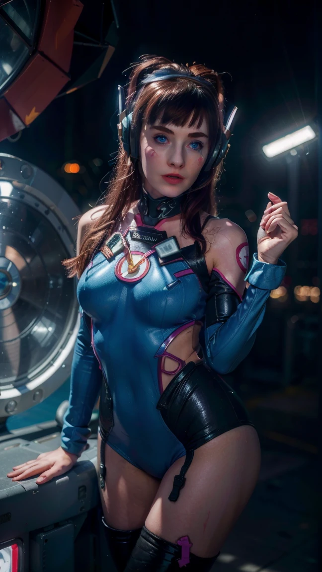(masterpiece), (photorealistic1.4), (best quality), (European Model), (epiCRealLife), (Young Woman), (photorealistic), (red lipstick), (JenniferConnelly90s), (DVaOver full covered bodysuit),, (hair bangs), headphones,(face paint), (D.VA hairstyle), (D.VA overwatch costume), (bodysuit), (gloves), (facial mark), (spotlight), (ample light), (pose for pictures), (in a spacecraft), (night time), (at night), (flash photography)
