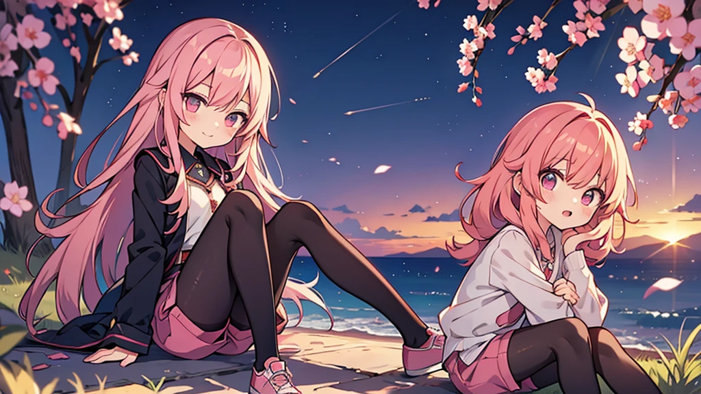 Anime style,shota,pink long hair,hot pants,dark black pantyhose,beaming face,sit,