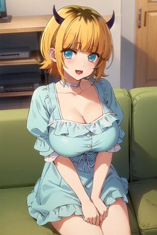 best quality, masterpiece, detailed,
memcho,
open mouth, :3, happy,
short hair, blonde hair, multicolored hair, aqua eyes, blunt bangs, horns,, collarbone, puffy sleeves, White micro bikini 、sitting, on couch, looking at the viewer,Huge breasts:1.5、
indoors