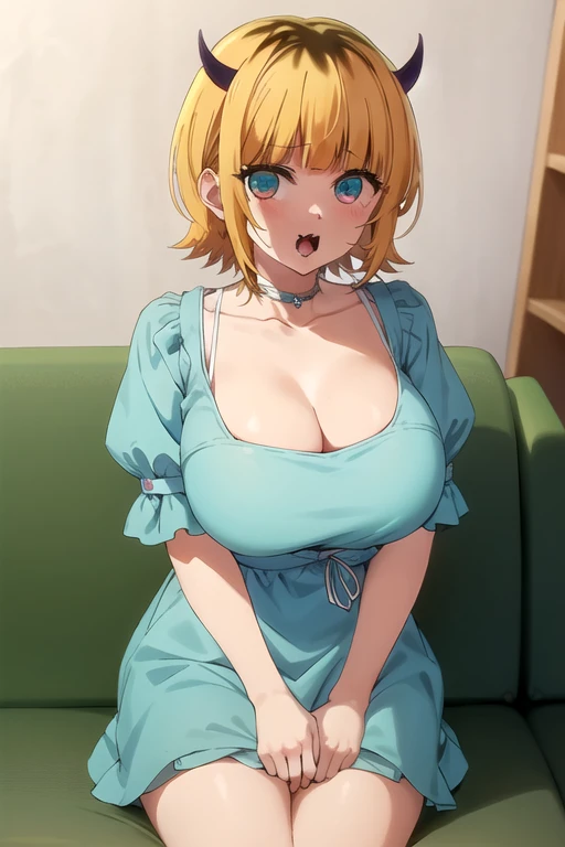 best quality, masterpiece, detailed,
memcho,
open mouth, :3, happy,
short hair, blonde hair, multicolored hair, aqua eyes, blunt bangs, horns,, collarbone, puffy sleeves, White micro bikini 、sitting, on couch, looking at the viewer,Huge breasts:1.5、
indoors
