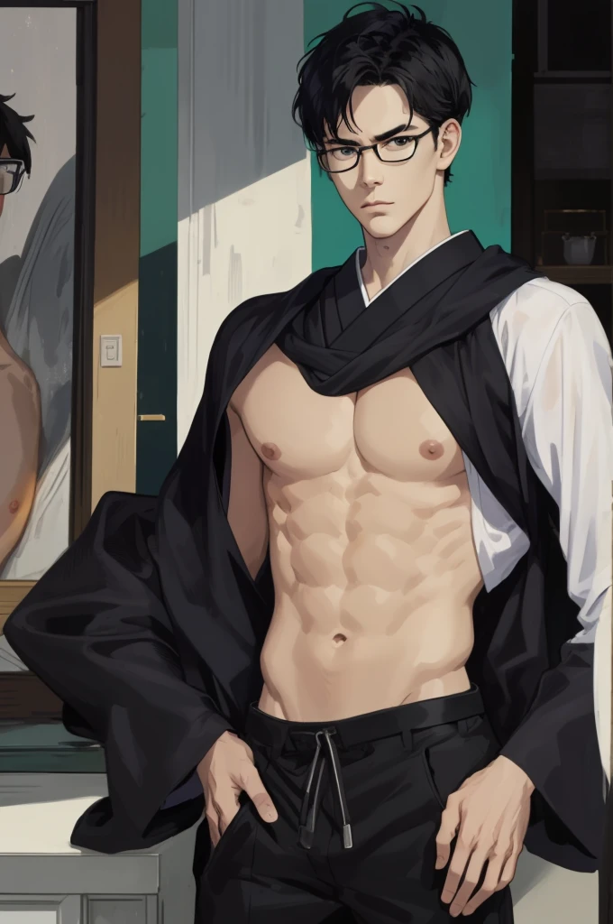 masterpiece, best quality, realistic, 1man, male focus, tall muscular, handsome, [thin eyebrows:0.5], serious, shirtless, portrait, extremely detailed face, black hair, (short hair), shirtless, six packs, full body, Japanese, round glasses, relax